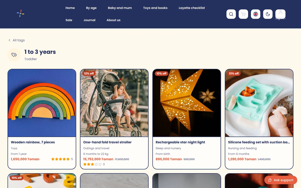 L'acheteur indique l'âge de l'enfant et la boutique affiche les articles